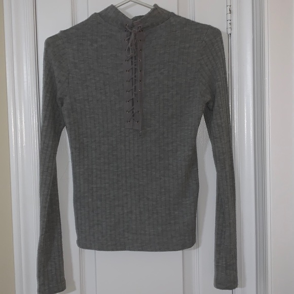 Grey back lace up mock turtle neck - Picture 2 of 3